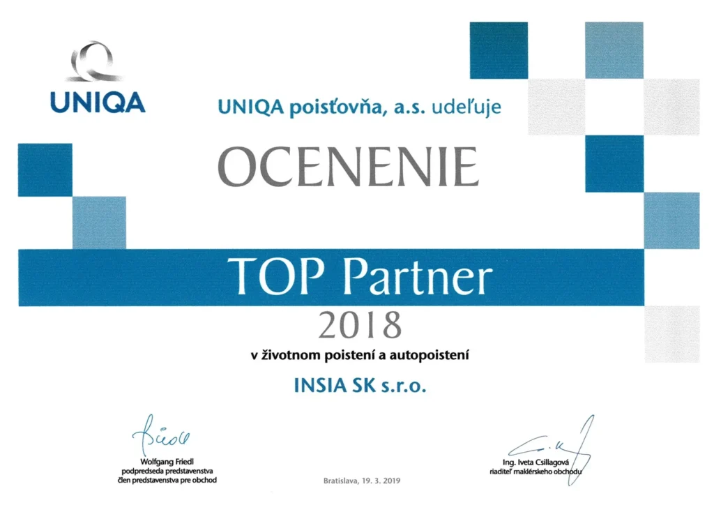 Certifikát poisťovne UNIQA, uznávajúci INSIA ako Top Partnera za rok 2018