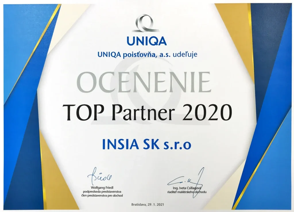 INSIA SK s.r.o. ocenená titulom Top Partner spoločnosťou UNIQA za výnimočný výkon v roku 2020