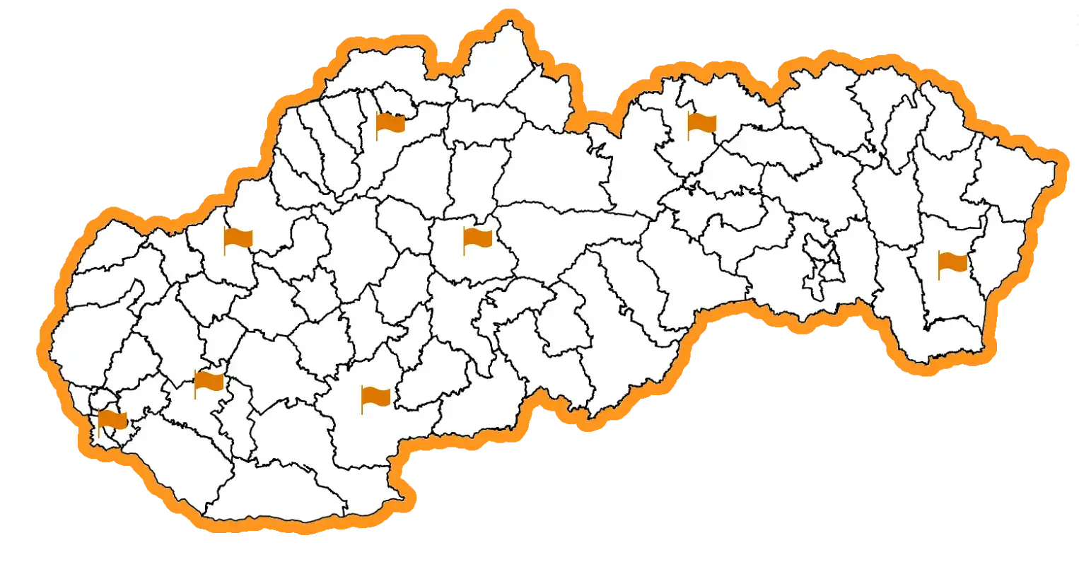 Mapa Slovenska zvýrazňujúca kľúčové miesta s oranžovými značkami